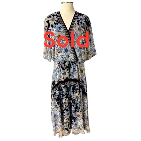 Maison Tara Dresses & Skirts - Maison Tara Blue Pink Black Tan Gray Floral Nouveau Chiffon Midi Dress Size 14